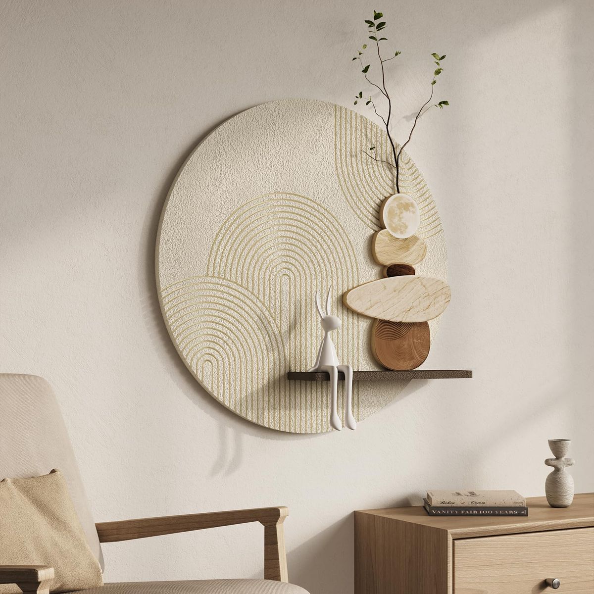 New Textured Neutral Abstract Wall Art Decor With Shelf, Boho Beige and Brown Artwork
