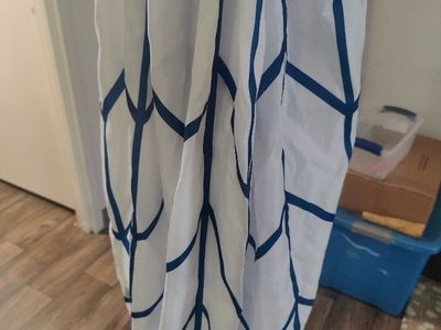 Gold Geometric Curtain Tie Backs with White & Blue line Pattern shower curtain
