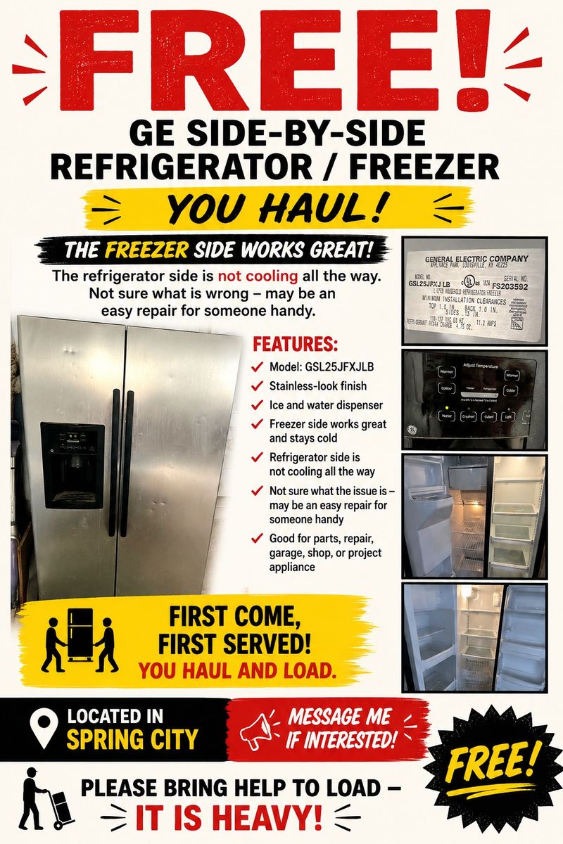 FREE GE GSL25JFXJLB Stainless Steel Side-by-Side Refrigerator/Freezer - Freezer Works!