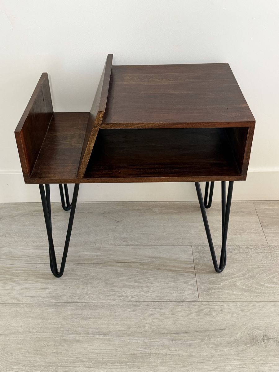 MCM inspired wood end table with hairpin legs