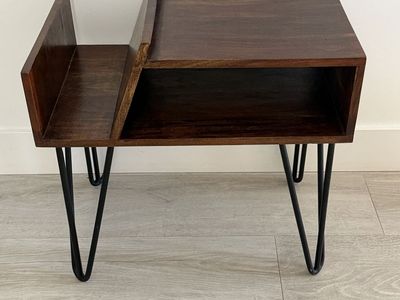 MCM inspired wood end table with hairpin legs