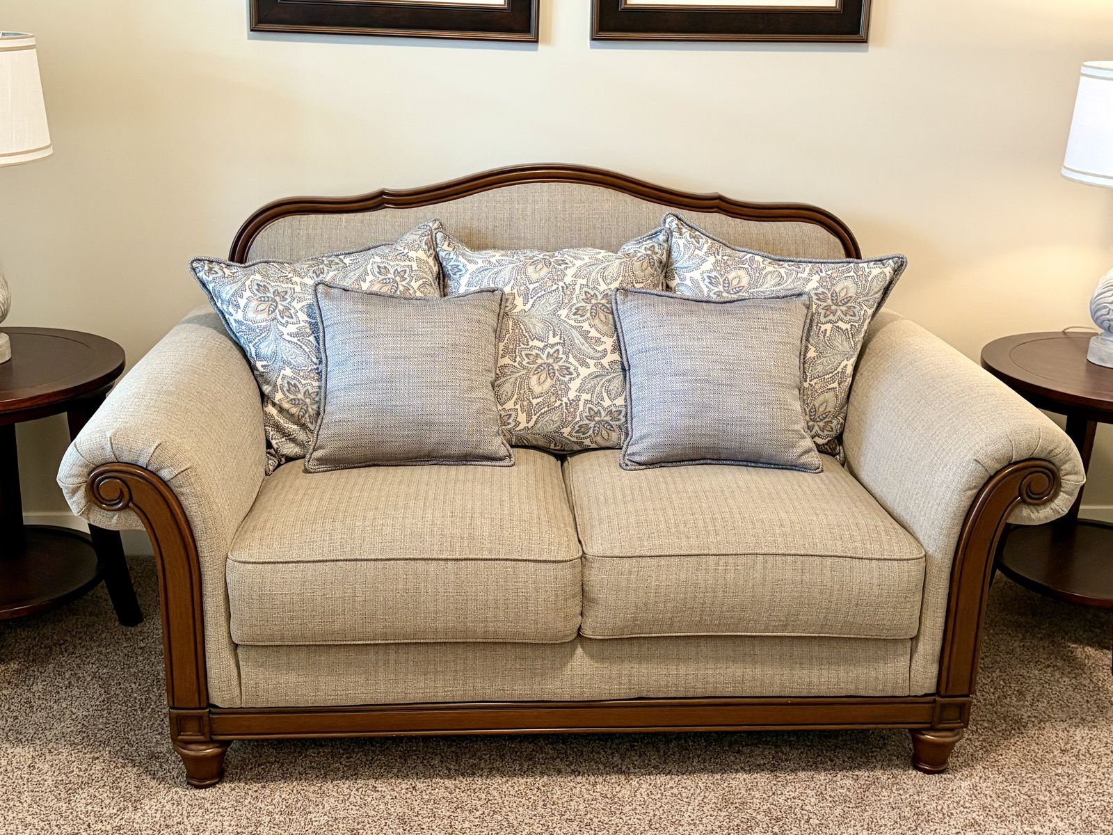 BEAUTIFUL LOVESEAT WITH WOOD TRIM ~ Moving Sale