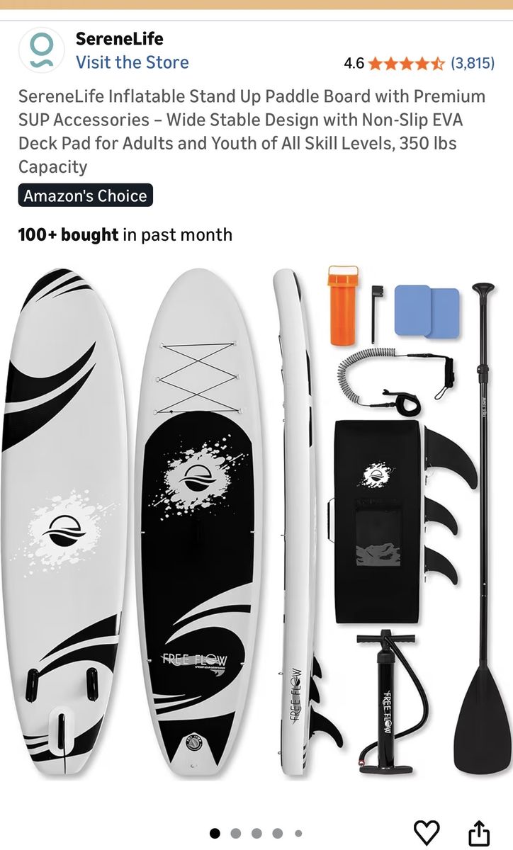 SereneLife Free Flow Inflatable Stand Up Paddle Board SUP Kit - 350lb Capacity, EVA Deck, Accessories