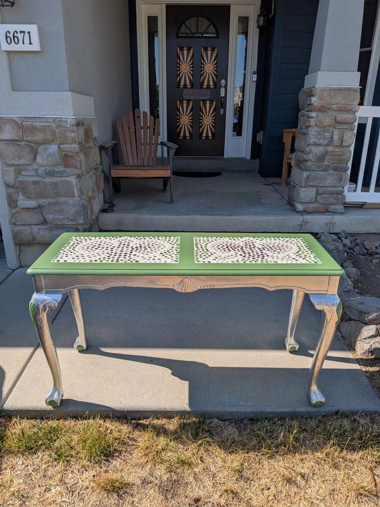 Hand-Painted Green & Silver SofaTable with Unique Tiled Top - Upcycled Furniture