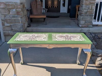 Hand-Painted Green & Silver SofaTable with Unique Tiled Top - Upcycled Furniture