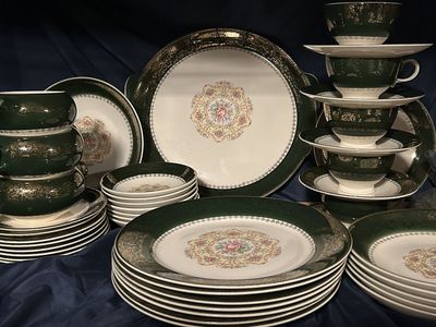 Never-Used 42 piece HARMONY HOUSE Dish Set has elegant 23K Gold Filigree over a Dk Green Rim Framing a Pink Rose Mandala