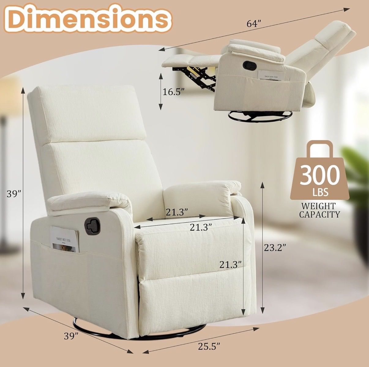 New Korser Swivel Rocker Recliner Chair – Beige Chenille