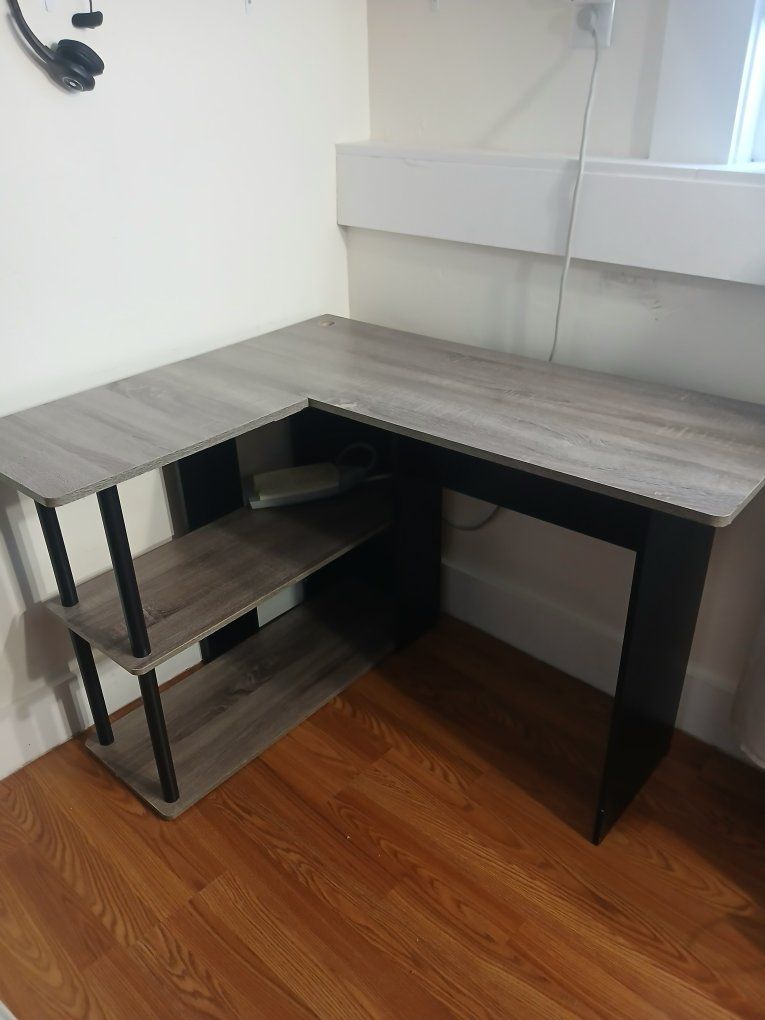 L-Shaped Corner Computer Desk with Shelves - Grey Wood Grain & Black Finish