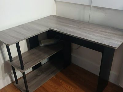 L-Shaped Corner Computer Desk with Shelves - Grey Wood Grain & Black Finish