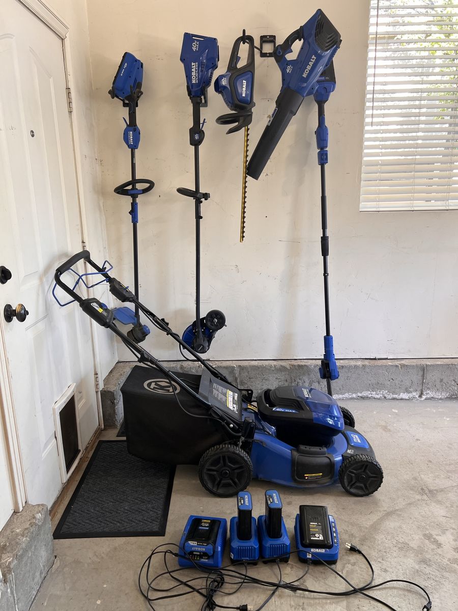 Kobalt 40V Max Cordless Lawn Care Set - Mower, Lawn Edger, String Trimmer, Blower, Hedge Trimmer, and pole saw 4 Batteries