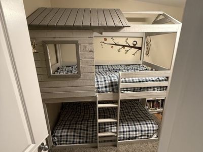 Grey Wooden Treehouse Bunk Bed Twin Over Twin with Mattresses!