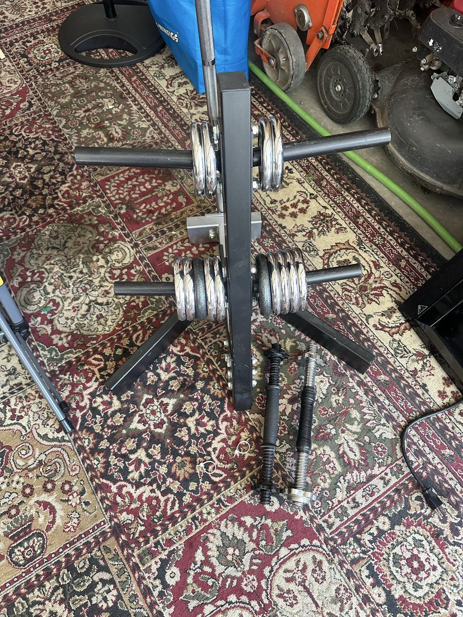 Weight Tree Rack with Barbell, Dumbbell Handles, and Chrome Weight Plates Set