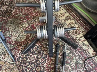 Weight Tree Rack with Barbell, Dumbbell Handles, and Chrome Weight Plates Set