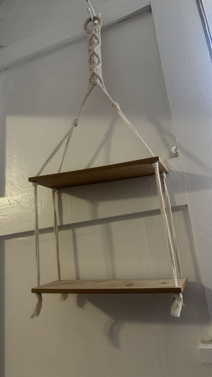 Handmade Macrame Two-Tier Wood Hanging Shelf Boho Decor