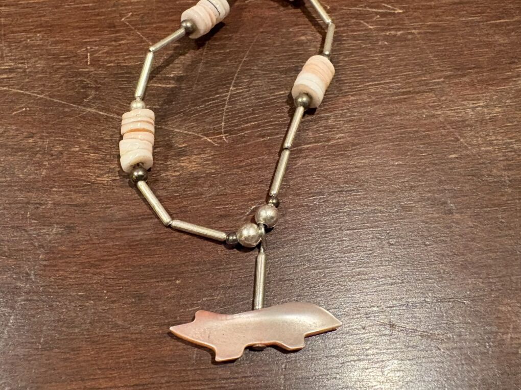 Vintage Silver Tone Necklace W/ Pink Animal