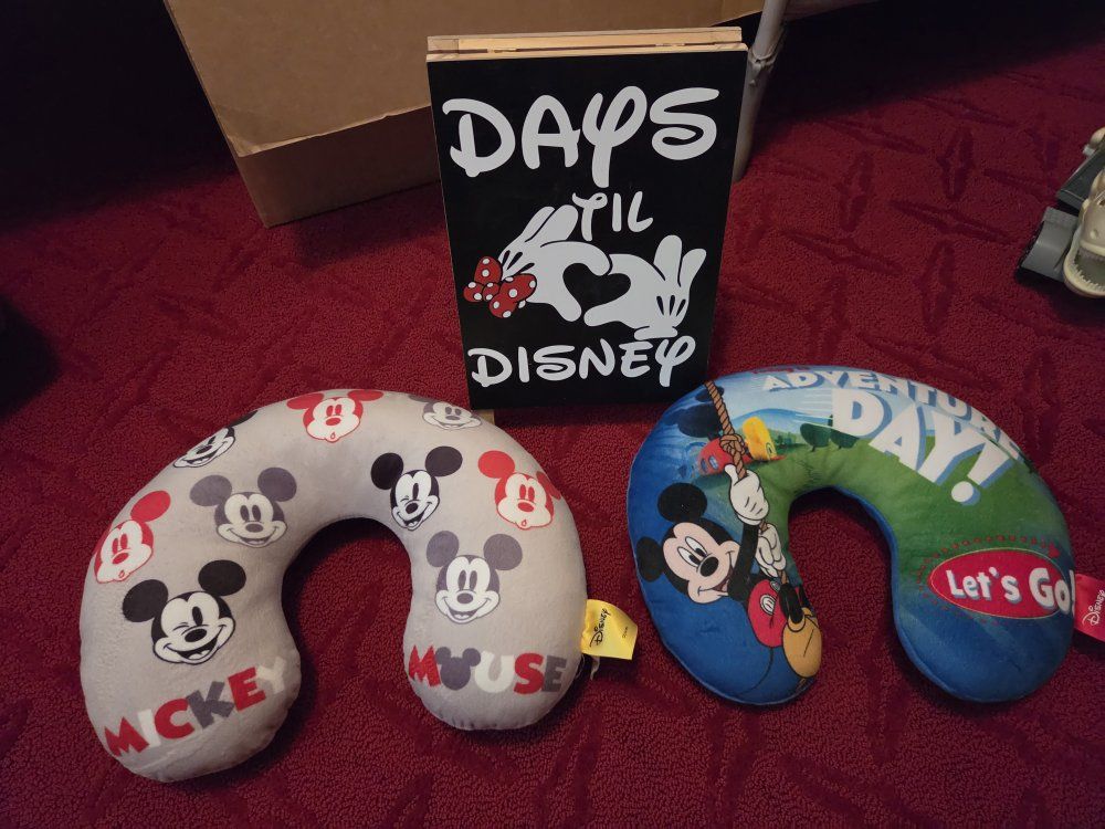 Disney Mickey Mouse & Minnie Mouse Neck Pillows Travel Set with Disney Countdown Sign