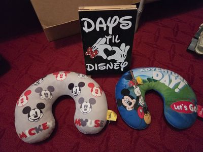 Disney Mickey Mouse & Minnie Mouse Neck Pillows Travel Set with Disney Countdown Sign