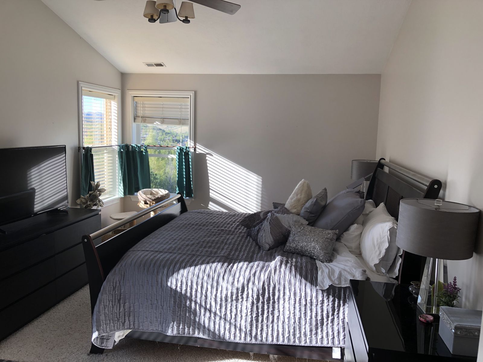 California King Dark Wood and Metal Sleigh Bed Frame with Headboard and Footboard