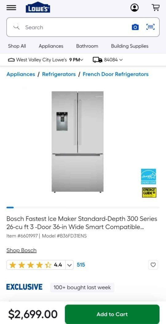 Bosch Fastest Ice Maker 26cu.ft 3 Door 36"W fridge