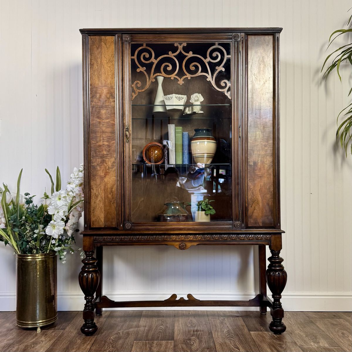 1930s Jacobean Revival Burl Walnut Display Cabinet