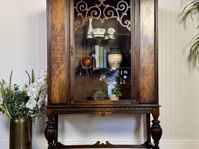 1930s Jacobean Revival Burl Walnut Display Cabinet