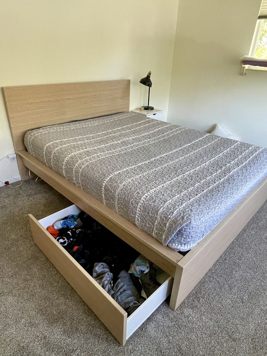 IKEA MALM Queen Bed Frame and Drawers – Oak Veneer – Excellent Condition