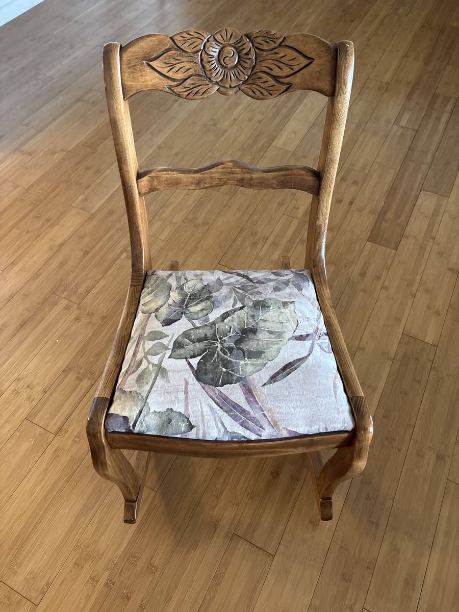 Vintage French Provincial Carved Wood Rocking Chair with Botanical Upholstery