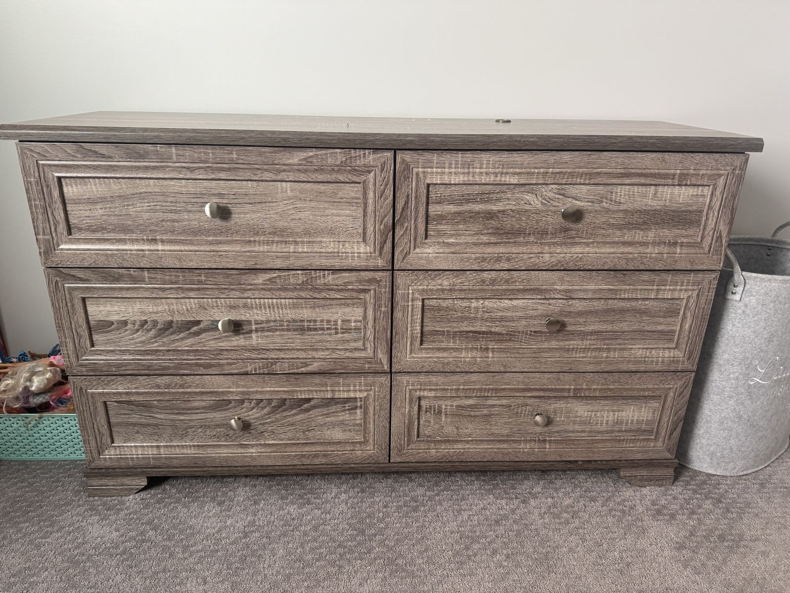 Wooden 6-Drawer Dresser with Silver Knobs - Used Good Condition