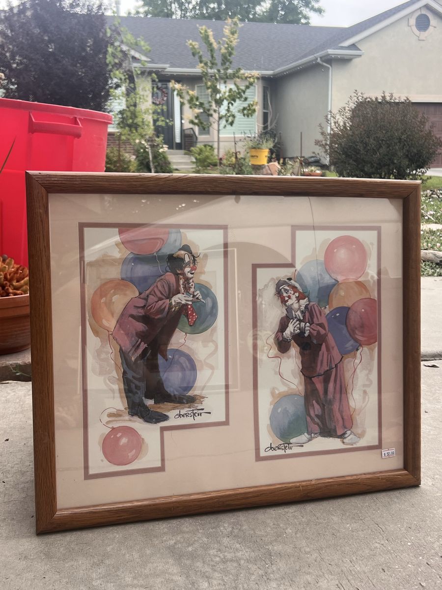 Vintage Original Clown Art Print by Obergfell, Framed, Signed, Double Mat, Clown with Balloons