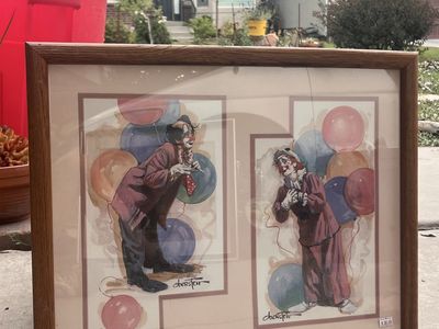 Vintage Original Clown Art Print by Obergfell, Framed, Signed, Double Mat, Clown with Balloons