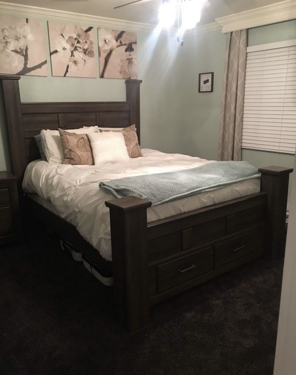 Queen size poster bed with storage. Nice solid bed. See description for what is included.