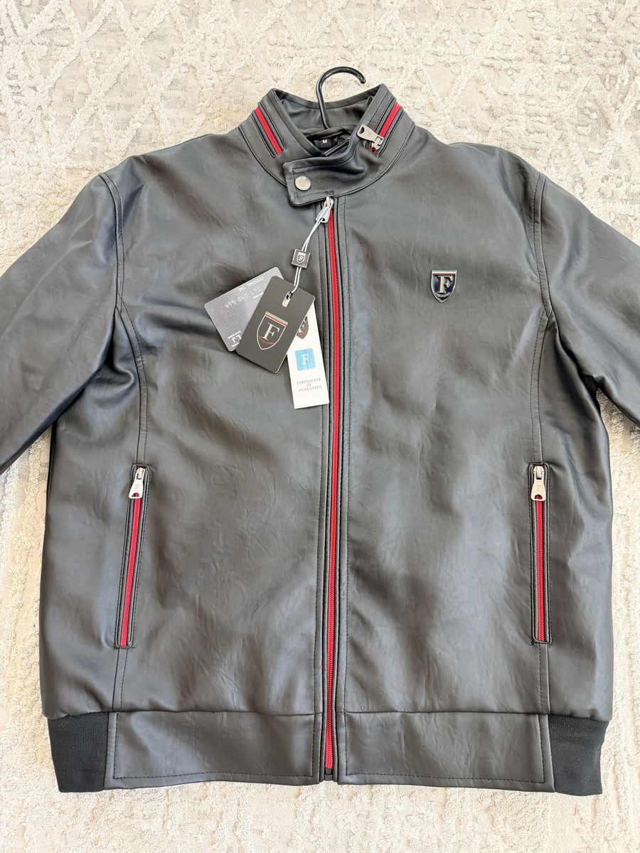Feririricci Black Leather Bomber Jacket with Red Stripe Detail - Men's Size M