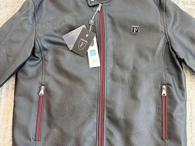 Feririricci Black Leather Bomber Jacket with Red Stripe Detail - Men's Size M