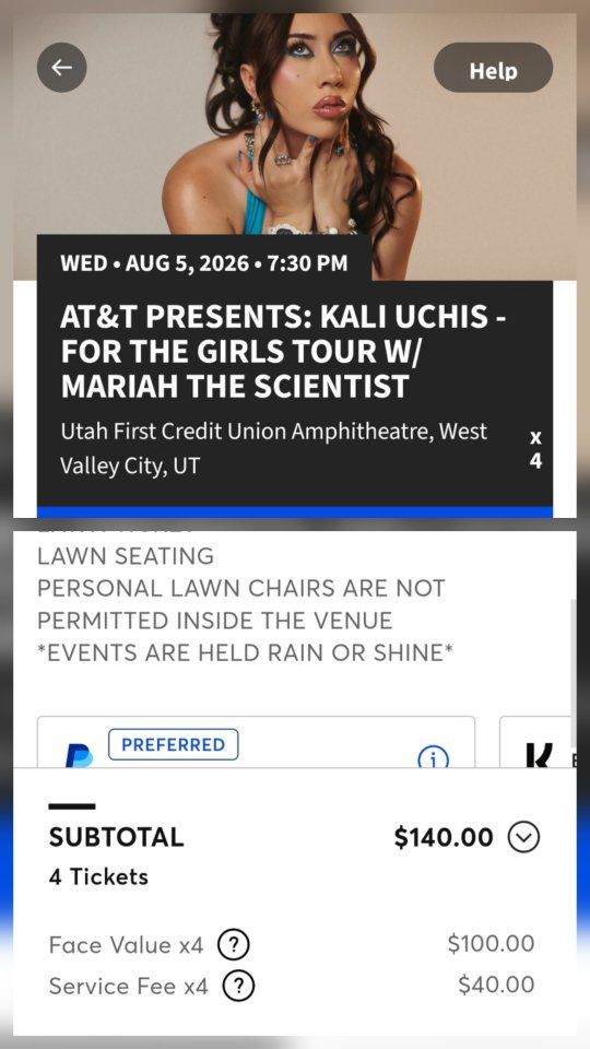 4 Kali Uchis Concert Tickets - Utah First Credit Union Amphitheatre Lawn Seating (Aug 5, 2026)