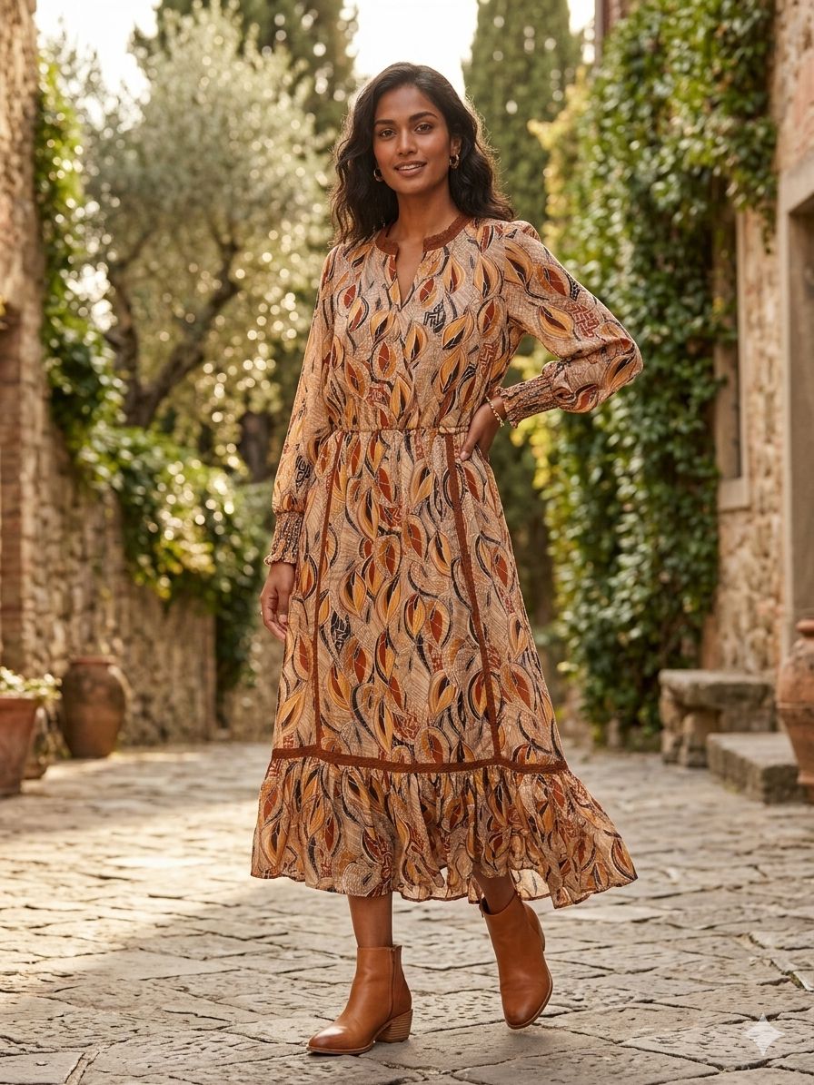 Boho Floral Midi Dress Long Sleeve Size M/8