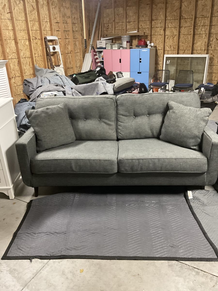 Modern Gray Fabric Sofa Couch with Tufted Back and Wood Legs - Great Condition
