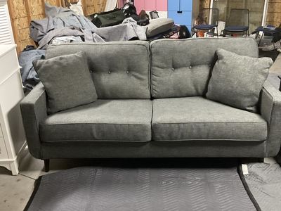 Modern Gray Fabric Sofa Couch with Tufted Back and Wood Legs - Great Condition