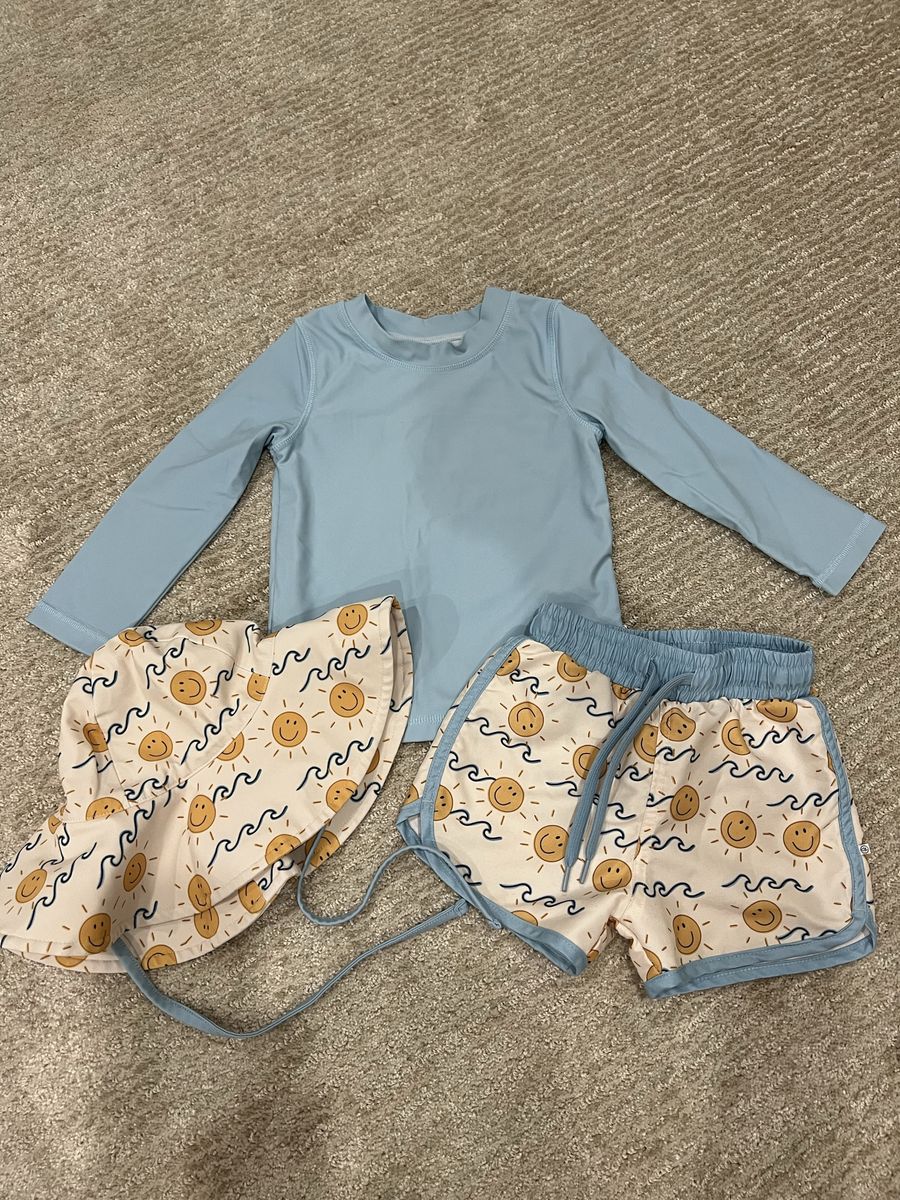 Caden Lane Baby Swim Set: Blue Rash Guard, Sun & Waves Swim Trunks, Sun Hat - Size 18-24M