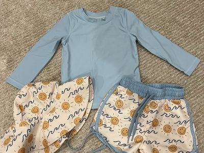 Caden Lane Baby Swim Set: Blue Rash Guard, Sun & Waves Swim Trunks, Sun Hat - Size 18-24M