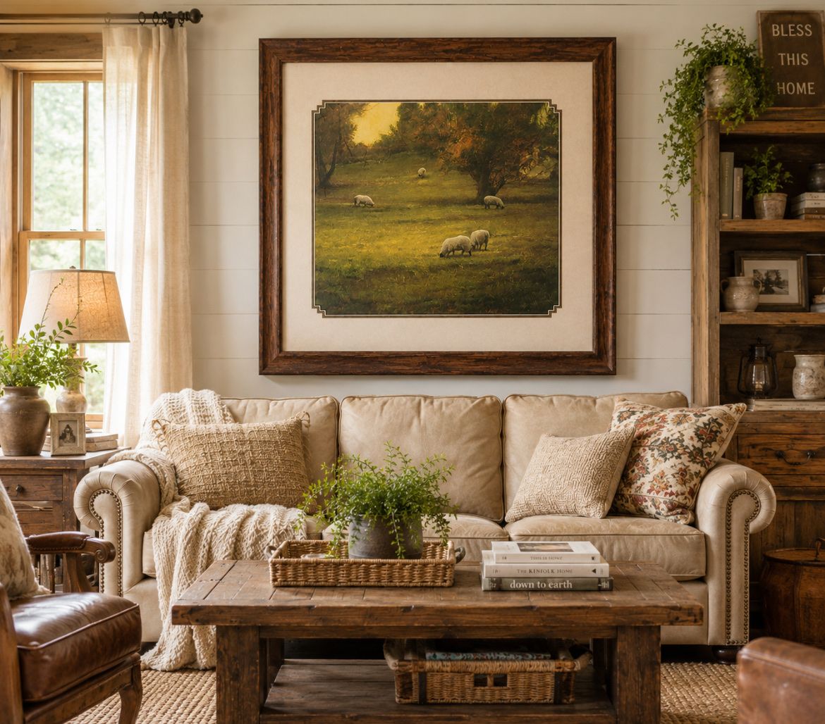 Framed Sheep Pasture Landscape Art Print - Muted Tones, Rustic Wood Frame