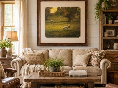 Framed Sheep Pasture Landscape Art Print - Muted Tones, Rustic Wood Frame