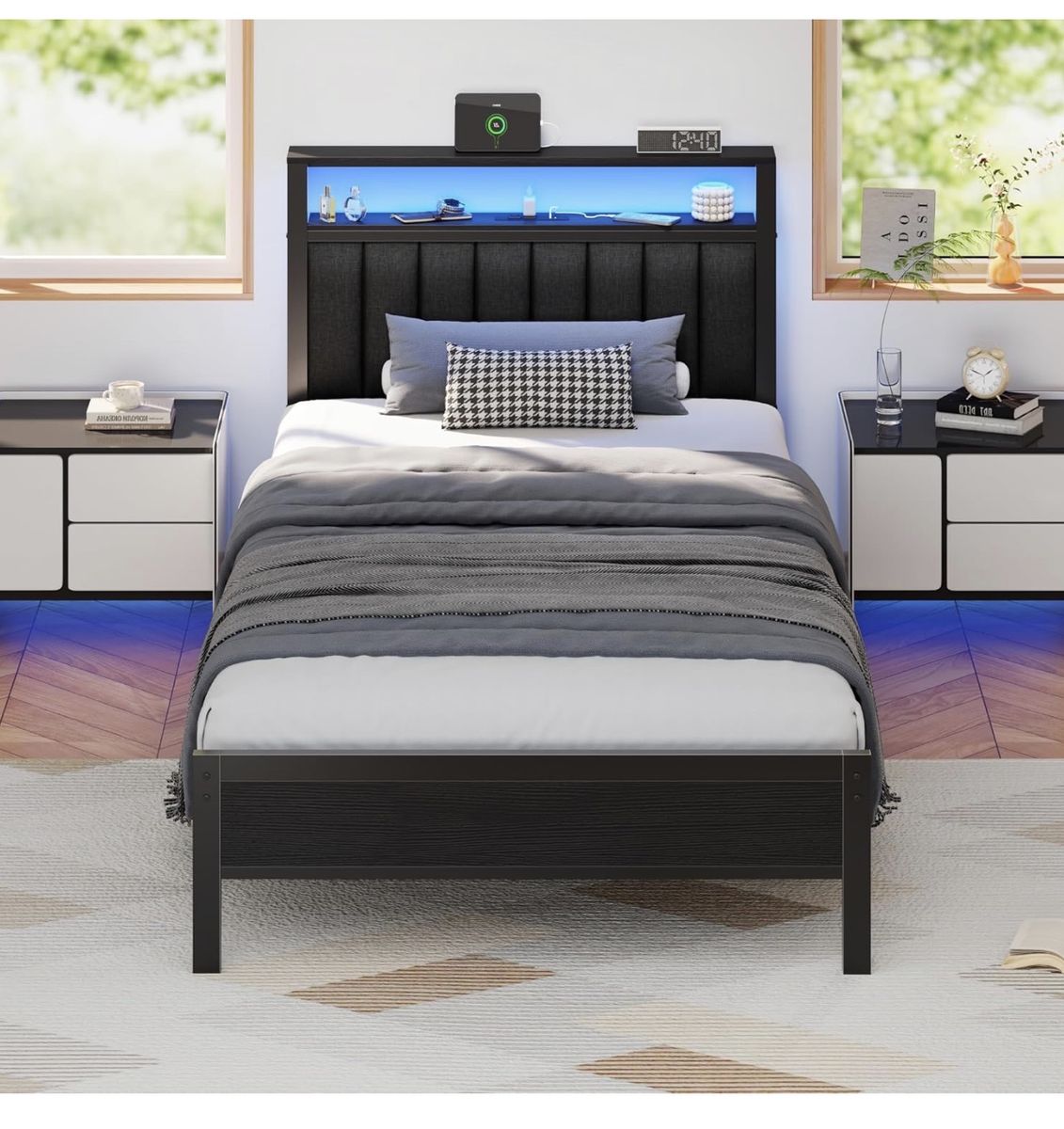 Twin Size Bed Frame with Charging Station and LED Lights