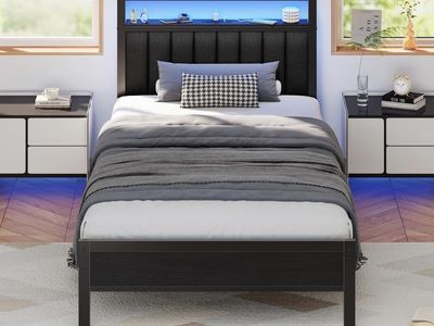 Twin Size Bed Frame with Charging Station and LED Lights