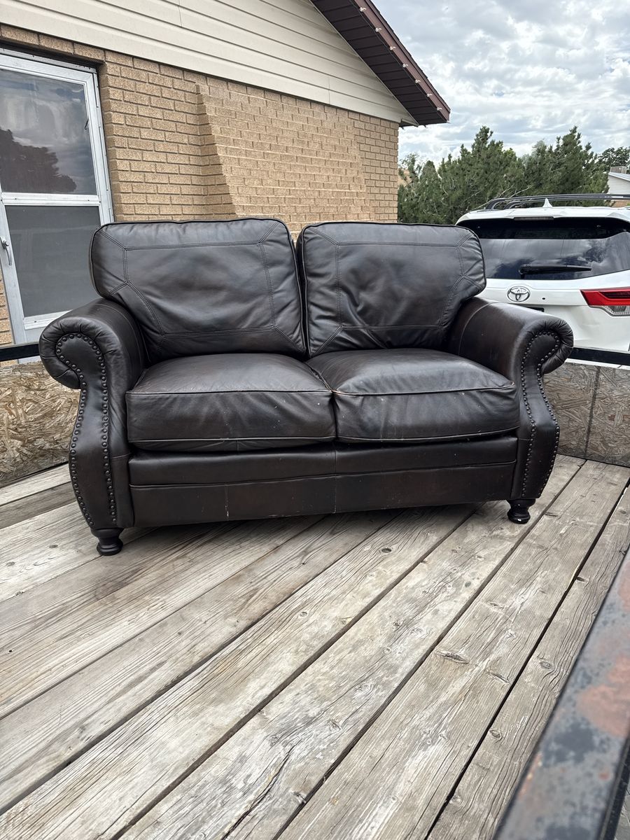 Dark Brown Leather Loveseat - Used but Comfy, Nailhead Trim
