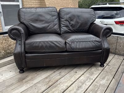 Dark Brown Leather Loveseat - Used but Comfy, Nailhead Trim