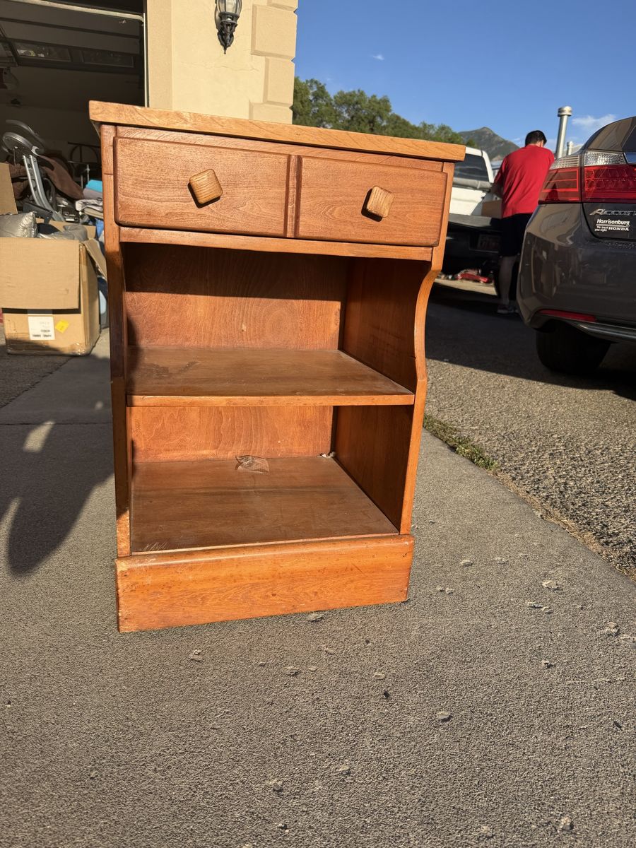 Vintage Wooden Nightstand with Drawers and Open Shelves