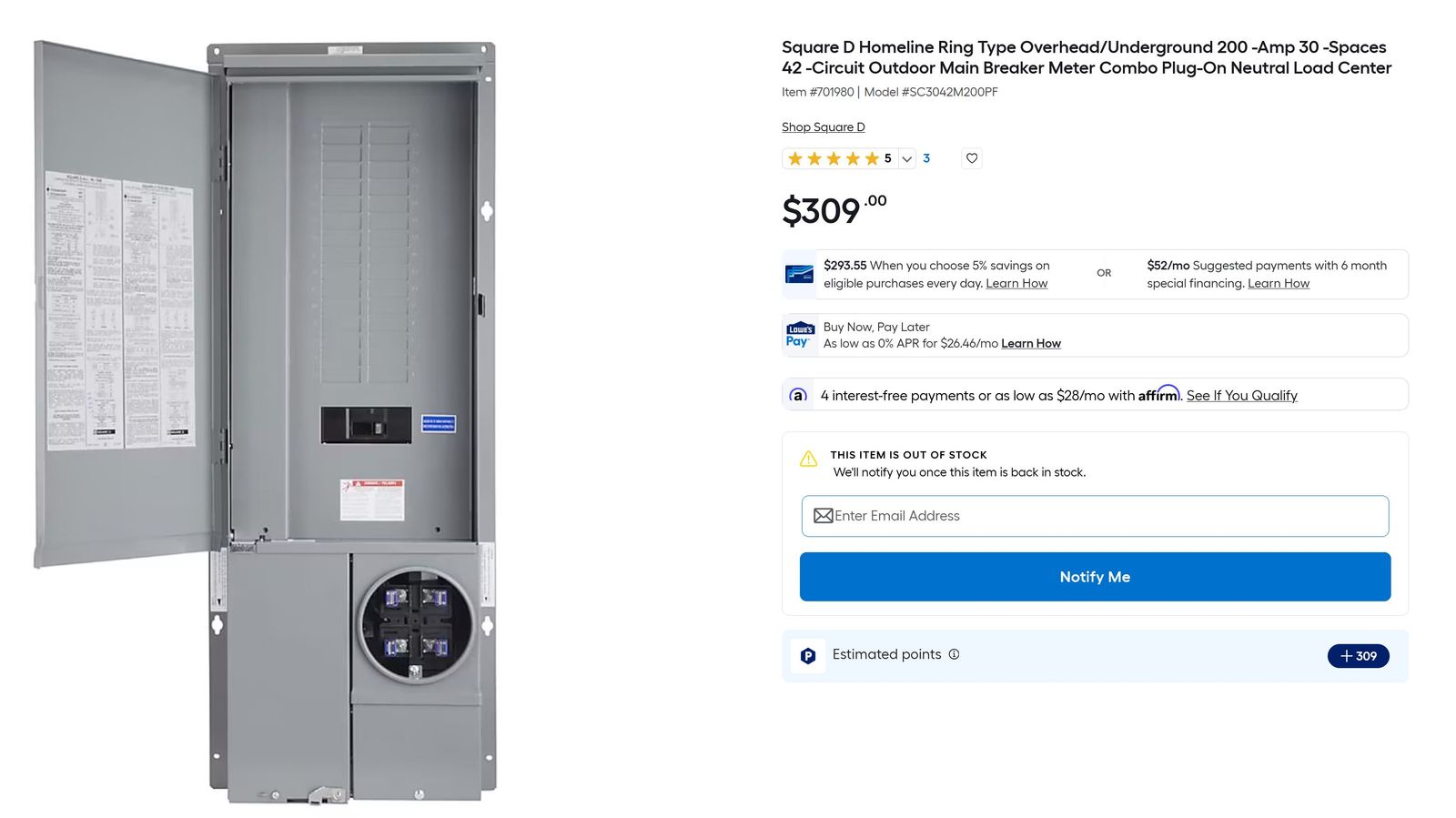 Square D SC3042M200PF Homeline 200-Amp 30-Space 42-Circuit Panel Solar-Ready Combination Meter - Going Solar? You need this.