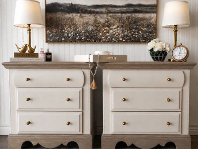 Bassett 3 Drawer Nightstands - Beige & Walnut (Pottery Barn Style)
