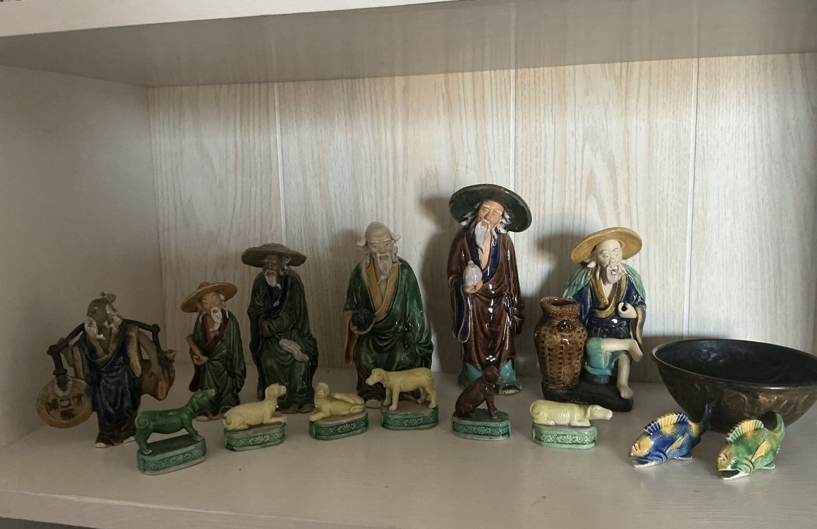 Vintage Oriental Ceramic Figurines - 6 Elders, 6 Dogs, 2 Fish, Bowl - Unique Home Decor