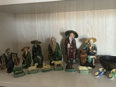 Vintage Oriental Ceramic Figurines - 6 Elders, 6 Dogs, 2 Fish, Bowl - Unique Home Decor